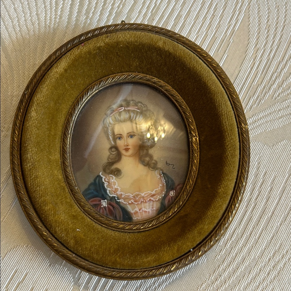 Antique Hand Painted Signed Portrait of a Countess in Soft Yellow Velvet Frame